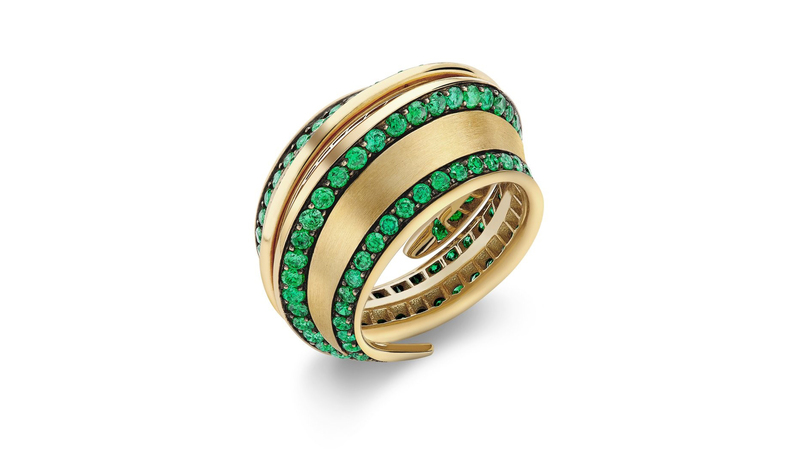 Lily Gabriella Fine Jewellery “Spira” striped ring in 18-karat yellow gold with emeralds ($8,600)