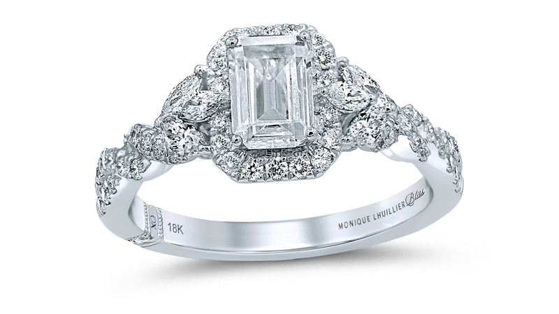 An 18-karat white gold 1-3/8 total carat weight emerald-cut diamond engagement ring from the Monique Lhuillier Bliss collection ($6,999.99)