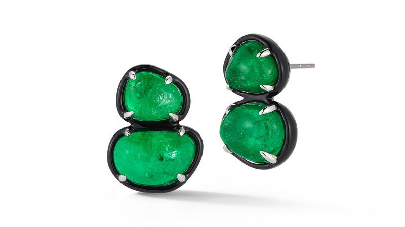 <a href="https://katherinejetter.com/products/muzo-emerald-two-tier-studs-in-gold" target="_blank"> Katherine Jetter x Muzo</a> emerald two-tier studs with enamel set in 18-karat yellow gold ($4,800)