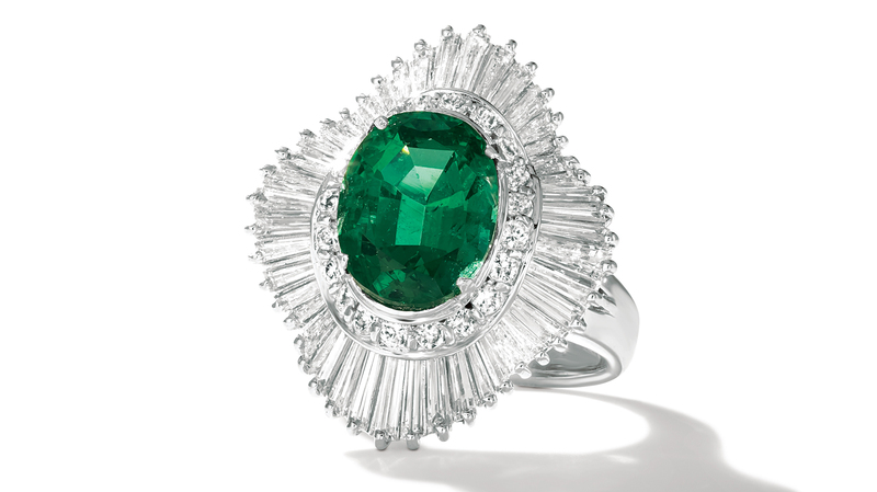 Le Vian ring featuring a 3.07-carat oval cut emerald, surrounded with diamonds and set in platinum (Price Upon Request)