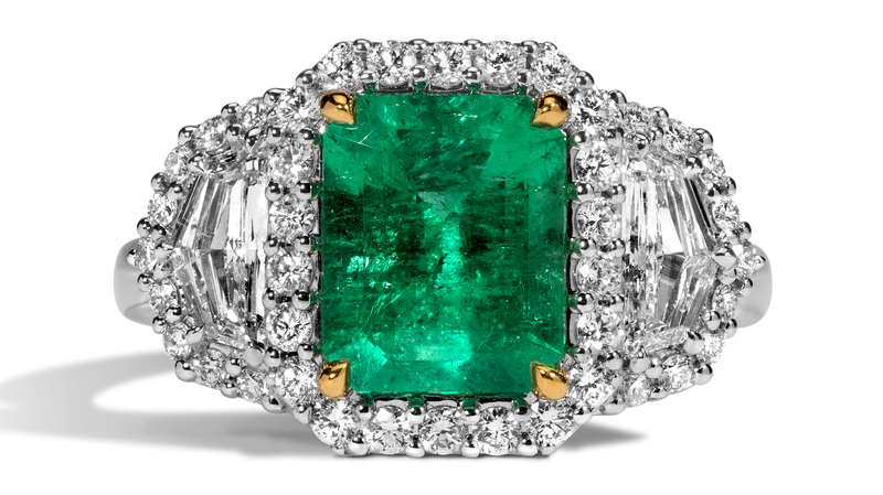 Nova Sovereign Ring in 18-karat white gold with a 2.46-carat Muzo emerald and 0.70 carats of half moon diamond side stones, plus 0.51 carats of additional diamonds ($16,625)
