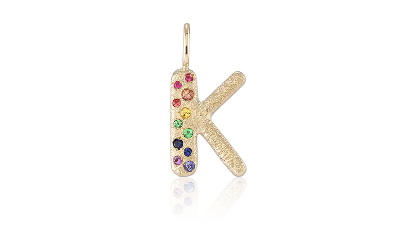 <a href="https://www.imperfectgrace.co/" target="_blank"> Imperfect Grace</a> 14-karat yellow gold “Puffy Letter” with rainbow sapphires ($1,450)