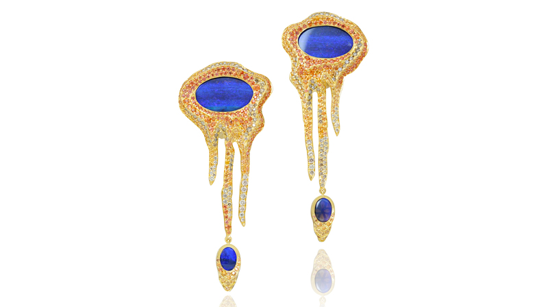 <a href="https://www.lydiacourteille.com/" target="_blank"> Lydia Courteille </a> “Sahara” earrings in 18-karat gold with blue opals, brown diamonds and orange sapphires (Price Upon Request)
