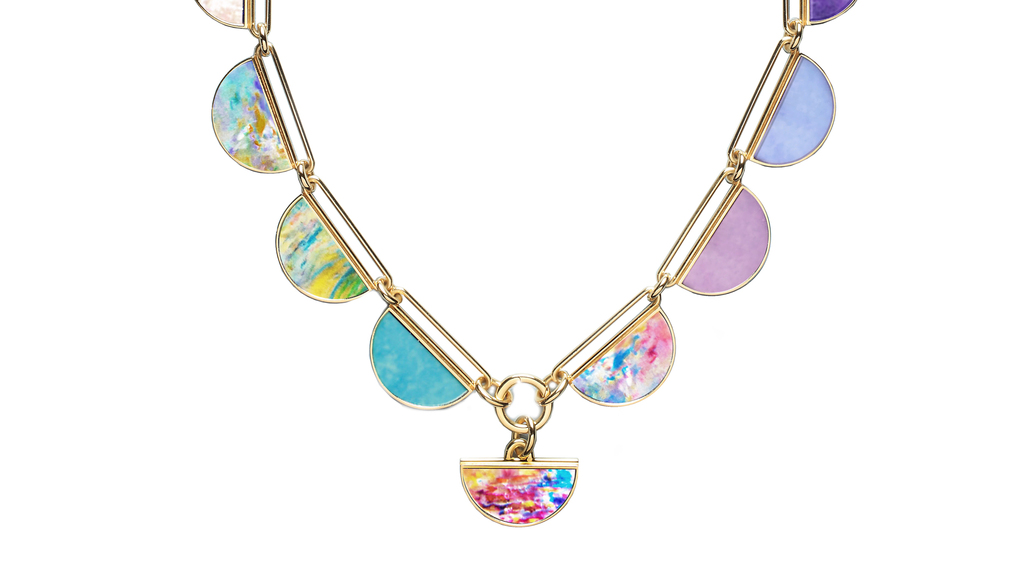 Anna Maccieri Rossi “Night & Day Colore Necklace” in 18-karat yellow gold with Arizona turquoise, mother-of-pearl, and sugilite ($36,000)