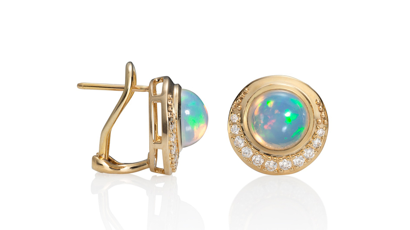 <a href="https://www.marthaseely.com/" target="_blank"> Martha Seely </a> “Blue Hour Welo Opal” button earrings set in 14-karat yellow gold with diamonds ($2,340)