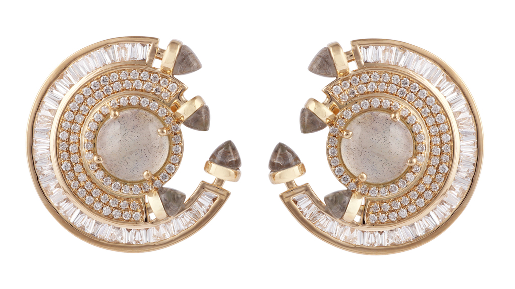Ananya “Chakra” ear studs in 18-karat gold with diamonds, freshwater pearls, and crystal quartz ($6,100)