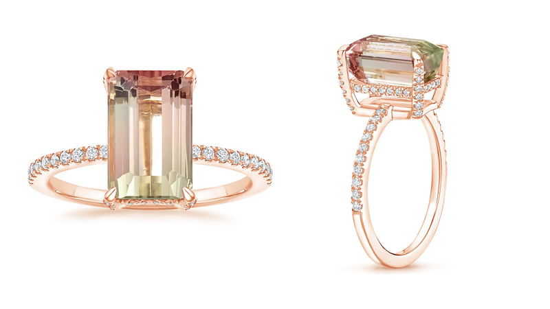 The collection features lab-grown and natural gemstones, including this watermelon tourmaline.