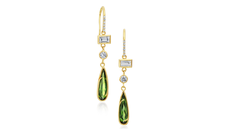 <a href="https://justjules.com/" target="_blank">Just Jules</a> 14-karat faceted green tourmaline tear drop and diamond earrings ($5,600)