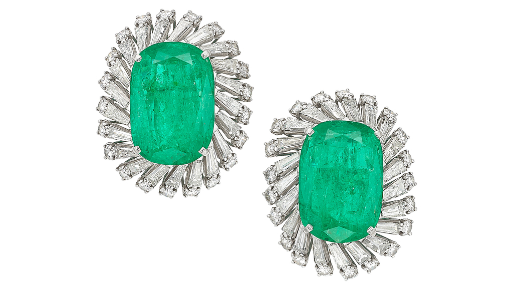 These Colombian emerald, diamond, and platinum convertible clip brooches, previously belonging to actress Mitzi Gaynor, sold for $45,000. (Image courtesy of Heritage Auctions, HA.com) These Colombian emerald, diamond, and platinum convertible clip brooches, previously belonging to actress Mitzi Gaynor, sold for $45,000. (Image courtesy of Heritage Auctions, HA.com)