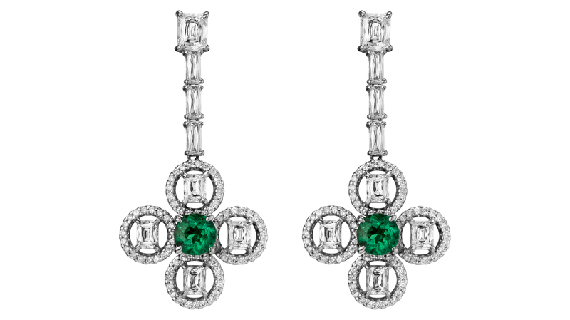 Nova Drop Earrings in 18-karat white gold with 1.10 carats of round Muzo emeralds surrounded by 2.67 carats of princess-cut diamonds, 0.71 carats of tapered baguettes, and 0.60 carats of round brilliant diamonds ($14,875)