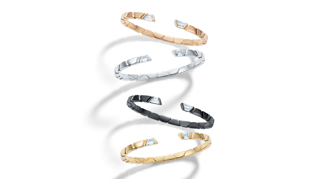 Here Thelma West’s “Embrace” cuff in every available fabrication, including black ceramic over 18-karat white gold. Here Thelma West’s “Embrace” cuff in every available fabrication, including black ceramic over 18-karat white gold.