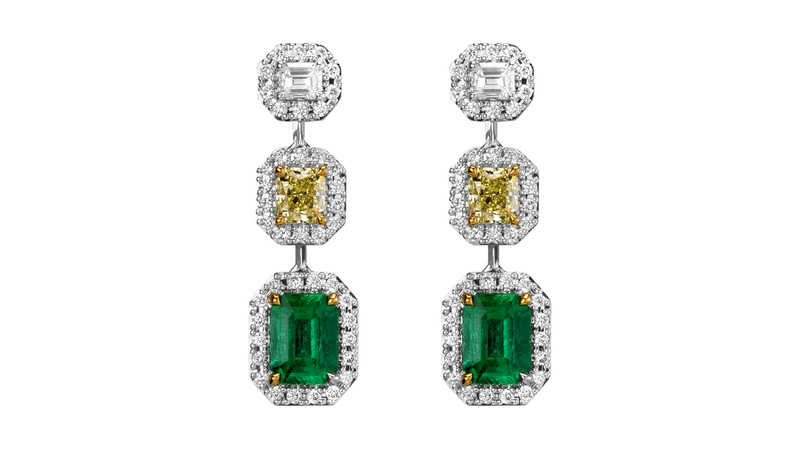 Nova Moxie Drop Earrings in 18-karat gold with 1.47 carats of emerald-cut Muzo emeralds, 0.77 carats of fancy yellow diamonds, 0.28 carats of emerald-cut diamonds, and 0.49 carats of white accent diamonds ($12,250)
