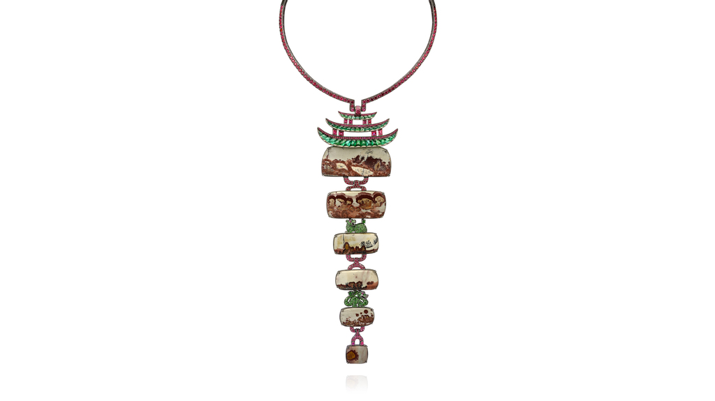 Lydia Courteille “Mogao” necklace in 18-karat gold necklace with jasper, emeralds, green garnets, spinels, and rubies (price upon request)