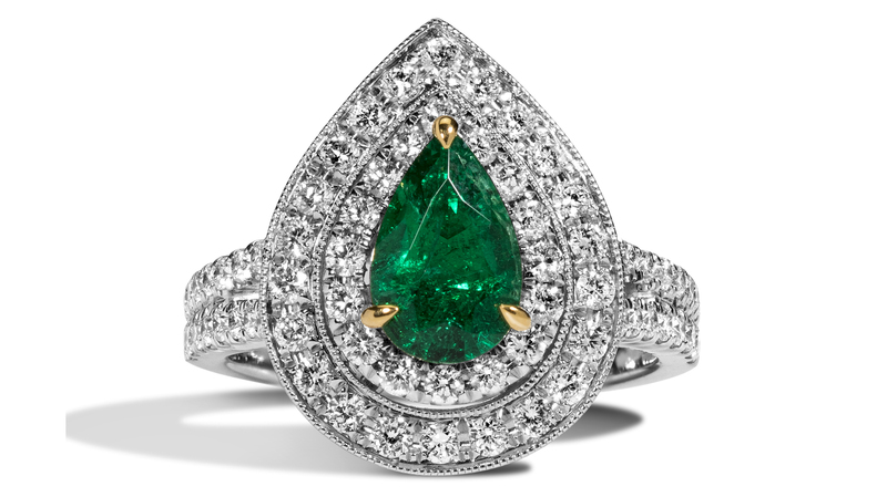 Nova Pear Ring in 18-karat white gold with 1.05-carat pear-shaped Muzo emerald and white diamonds ($10,500)