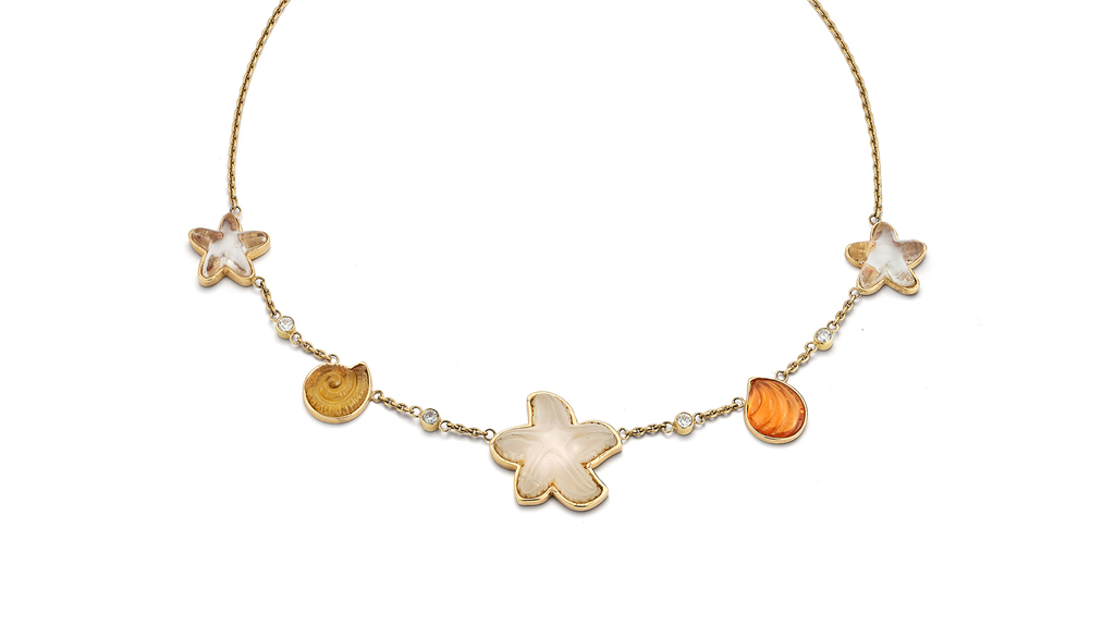 Renna “Dream Shell Necklace” in 18-karat gold with rock crystal, citrine, mandarin garnet, rose quartz, mother-of-pearl, and diamond ($7,400)