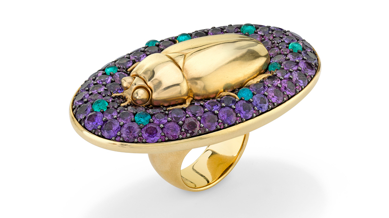 <a href=" https://www.vramjewelry.com/" target="_blank">Vram</a> “Rotating Scarab Ring” in 18-karat yellow gold and sterling silver with 18.79 carats of purple sapphire, and Paraiba tourmalines (price available upon request)