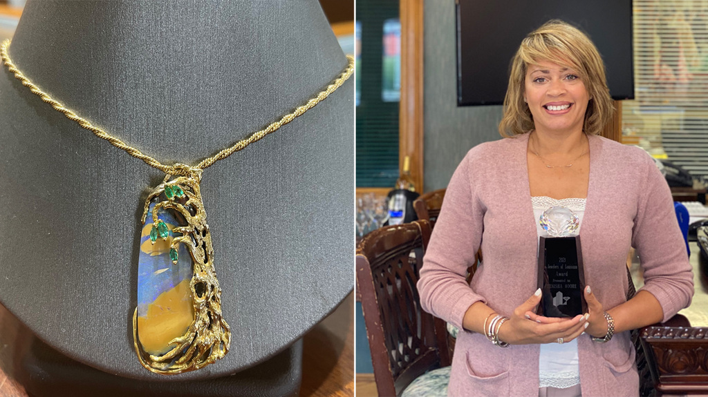 At left, the winning piece from Melinda Wallace. At right, “Jeweler of Louisiana” winner Tenisha Jason-Moore At left, the winning piece from Melinda Wallace. At right, “Jeweler of Louisiana” winner Tenisha Jason-Moore