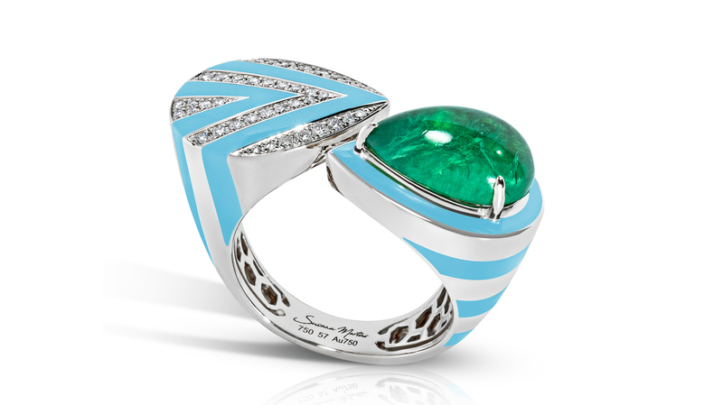 Susanna Martins ring in 18-karat white gold with 5.55-carat Zambian emerald, diamonds, and enamel (price upon request)