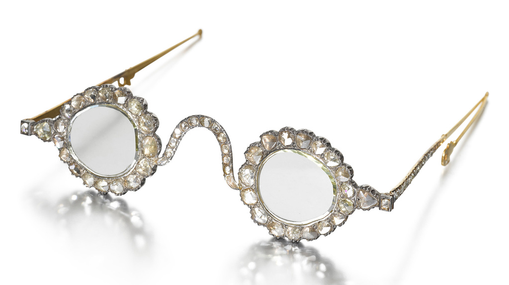 The Halo of Light spectacles, made with flat-cut diamonds set in silver and gold frames