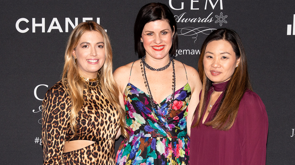 Alex Woo, far right, with National Jeweler Senior Editor Ashley Davis (far left) and PR and brand strategist Jen Cullen Williams at the 2020 Gem Awards in New York. (Photo credit: BFA.com/Benjamin Lozovsky) Alex Woo, far right, with National Jeweler Senior Editor Ashley Davis (far left) and PR and brand strategist Jen Cullen Williams at the 2020 Gem Awards in New York. (Photo credit: BFA.com/Benjamin Lozovsky)
