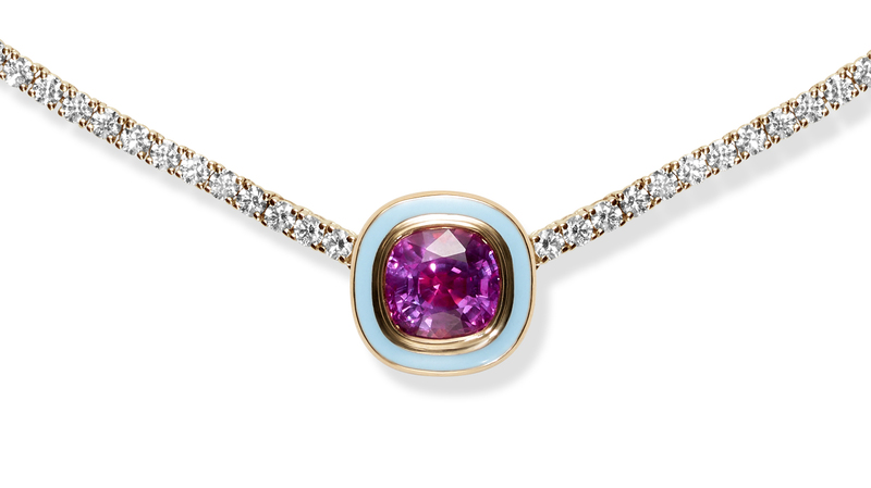 Pendant in 18-karat yellow gold with 3.06-carat natural vivid pink Burmese sapphire and baby blue enamel ($22,200 for pendant only)