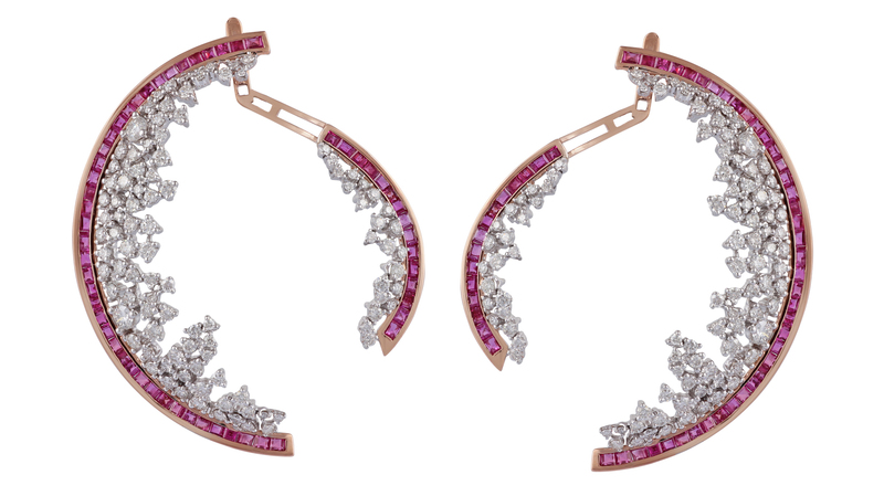 The Scatter Flow Earrings are 18-karat rose gold and 18-karat white gold with 3.07 carats of white diamonds and 3.73 carats of rubies ($10,680). They can be worn without the smaller jacket.