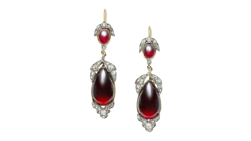 <a href="https://omneque.com/" target="_blank">Omnēque</a> Victorian garnet and diamond drop earrings ($5,611)