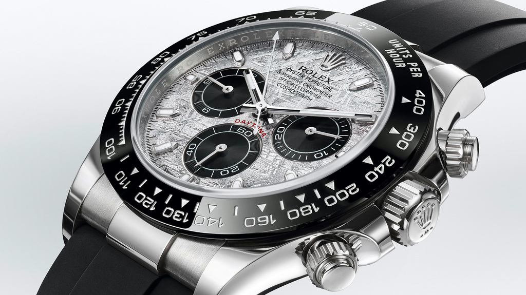 The Oyster Perpetual Cosmograph Daytona comes in 18-karat white gold with an Oysterflex bracelet (pictured here, $34,050) as well as in solid yellow and Everose gold. The Oyster Perpetual Cosmograph Daytona comes in 18-karat white gold with an Oysterflex bracelet (pictured here, $34,050) as well as in solid yellow and Everose gold.