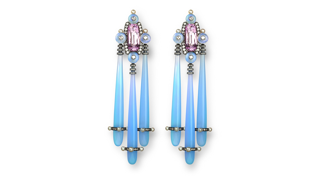 Nadia Morgenthaler agate, kunzite, natural pearl, and diamond ear clips in platinum