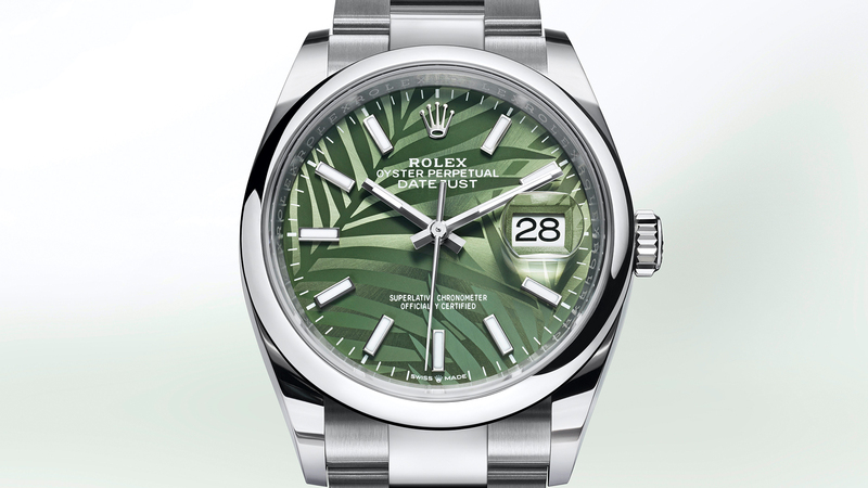 The new Oyster Perpetual Datejust 36 with a green palm motif dial on an Oystersteel bracelet retails for $7,050. For each watch, Rolex starts with an olive green sunray-finished dial and uses lasers to etch the palm pattern into the dial.
