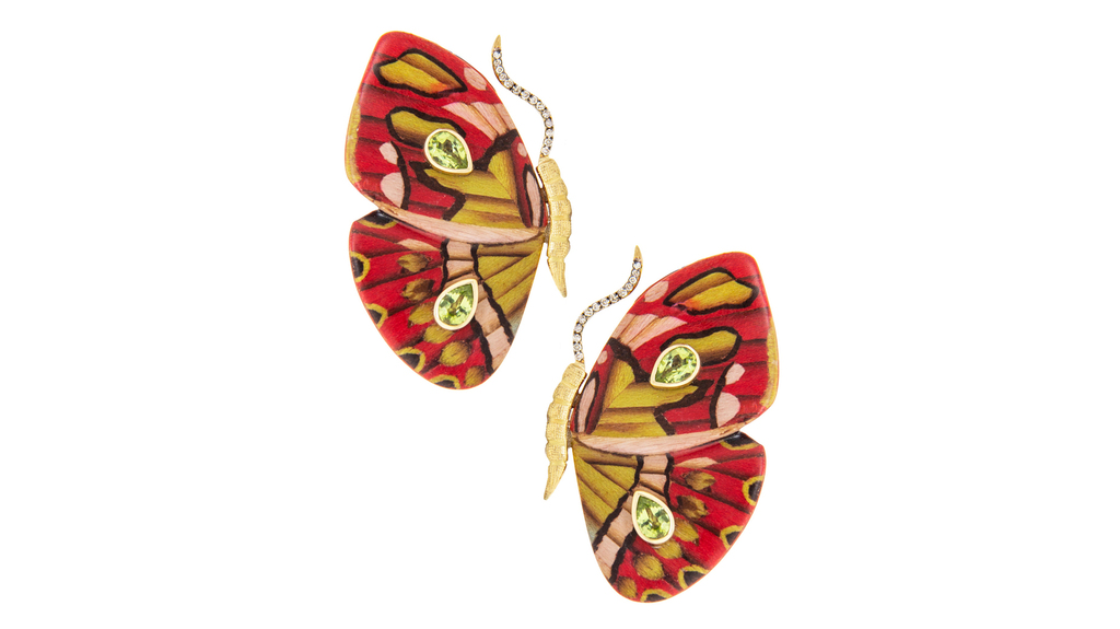 Silvia Furmanovich "Marquetry Butterfly Earrings" in 18-karat yellow gold with colored diamonds, peridot, tsavorite, and wood