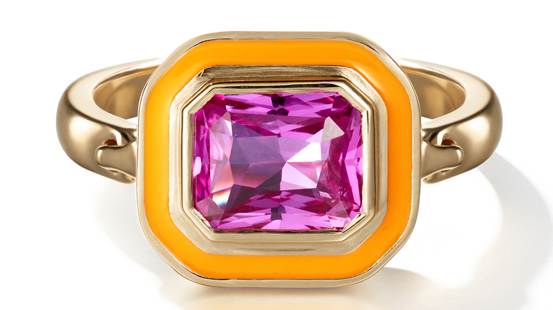 Ring in 18-karat yellow gold with neon orange enamel and 2.18-carat Sri Lankan natural vivid pink sapphire ($14,450)
