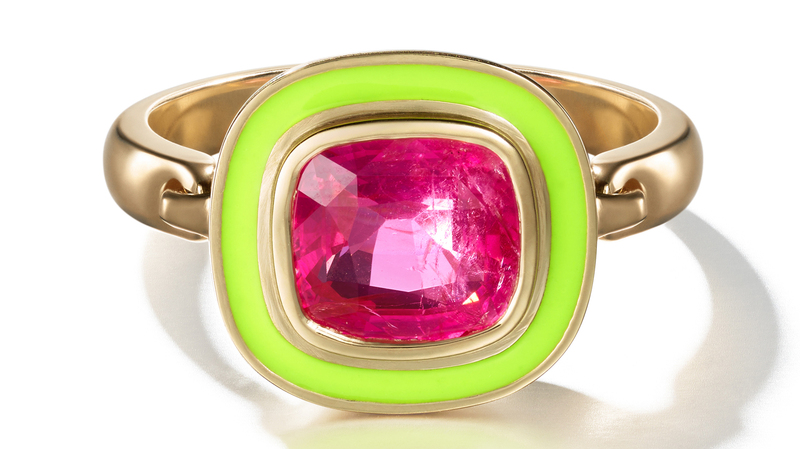 Ring in 18-karat yellow gold with natural pink spinel weighing 2.1 carats and neon yellow enamel ($12,700)