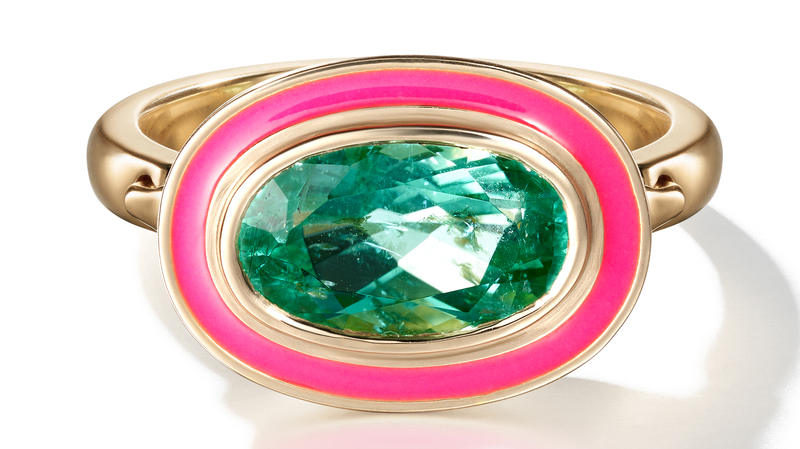 Ring in 18-karat yellow gold with Nigerian Paraiba-type natural tourmaline weighing 2.45 carats and neon pink enamel ($28,650)