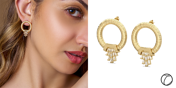 Champagne Fountaine Earrings: Our 14-Karat yellow gold Champagne Fountaine Earrings with a threaded gold finish and tapered baguette diamonds ($1,679) Champagne Fountaine Earrings: Our 14-Karat yellow gold Champagne Fountaine Earrings with a threaded gold finish and tapered baguette diamonds ($1,679)
