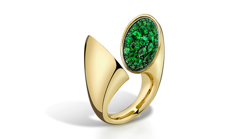 <a href="https://www.vramjewelry.com/" target="_blank">Vram</a> 18-karat yellow gold Echo ring with tsavorite garnets (price available upon request)