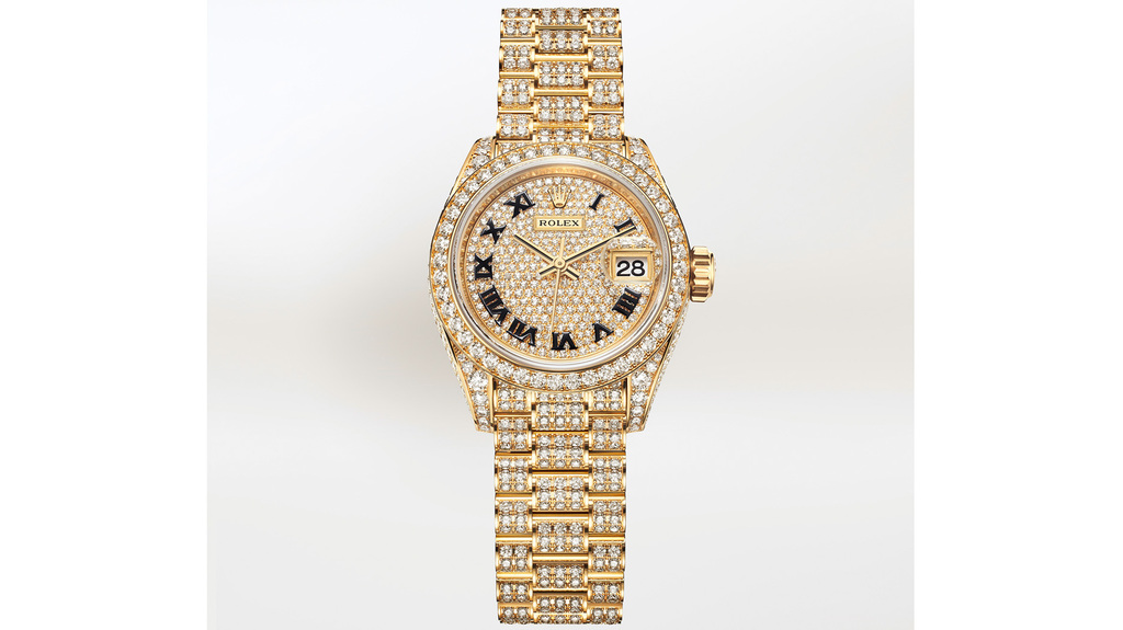 The 18-karat yellow gold version of the Lady-Datejust set with 1,089 diamonds retails for $131,100. The 18-karat yellow gold version of the Lady-Datejust set with 1,089 diamonds retails for $131,100.