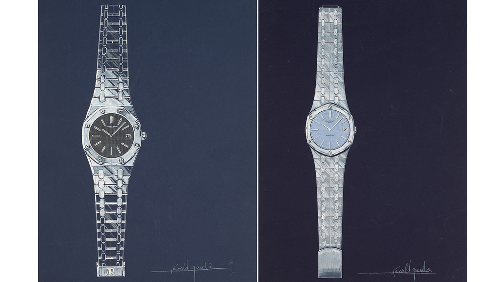 At left is the original 1970 sketch for the Audemars Piguet Royal Oak, the watch that has come to define his legacy (Geneva sale, February). At right is the never-before-seen first design he ever produced for the Royal Oak, which is quite different to the design the world knows now but still with the iconic octagonal case (Geneva sale, February).