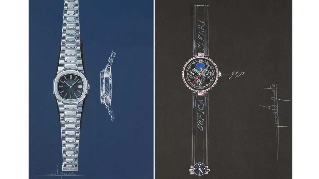 At left is Genta’s original design for the Nautilus, one of his only designs to also show the side profile of the watch (Hong Kong, March 2022). At right, the original De Gefica Safari Montre Beretta (New York, April 2022).