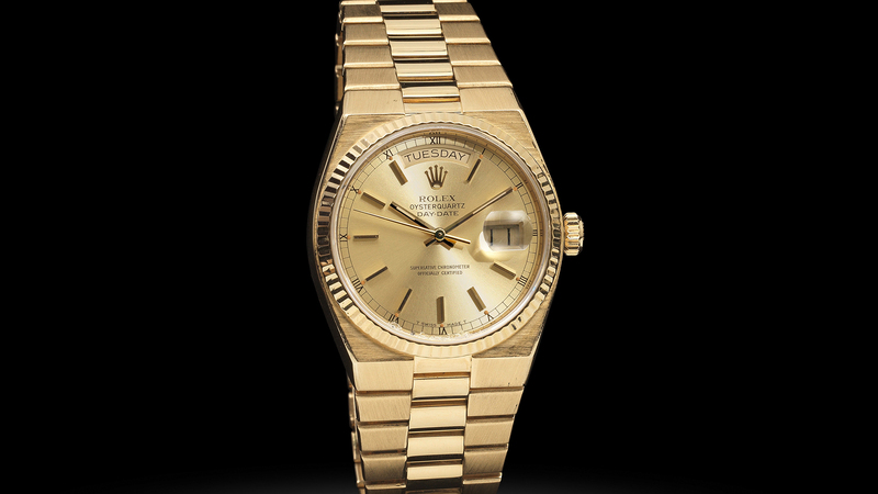 Michael Caine’s 18-karat gold Rolex Oysterquartz Day-Date sold for £100,000.