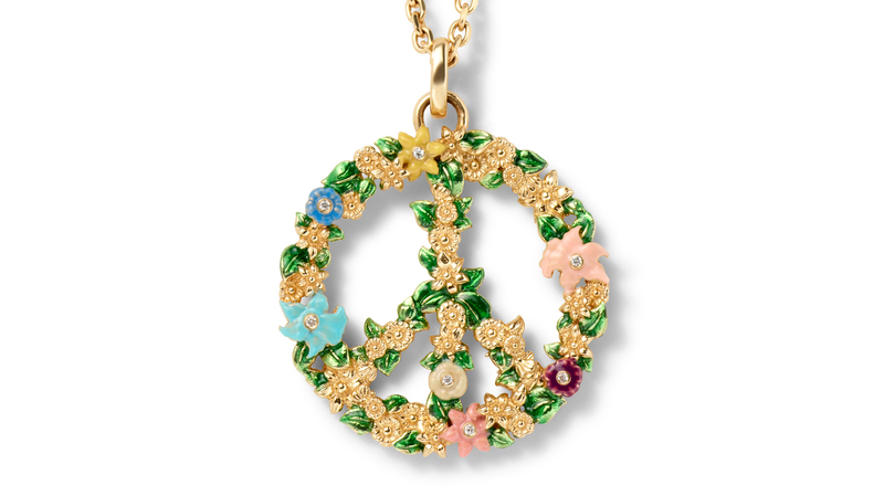 The “Peace and Love” necklace is a collection hero piece. It’s made in 14-karat yellow gold with multicolor enamel and diamonds ($3,255).