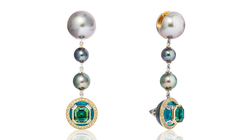 Best Use of Pearls. Michael Tope 18-karat yellow gold and platinum “Kalaimaia” earrings featuring Tahitian cultured pearls, green tourmalines (6.30 total carats), yellow diamonds (0.58 total carats), white diamonds (0.40 ctw.) and turquoise