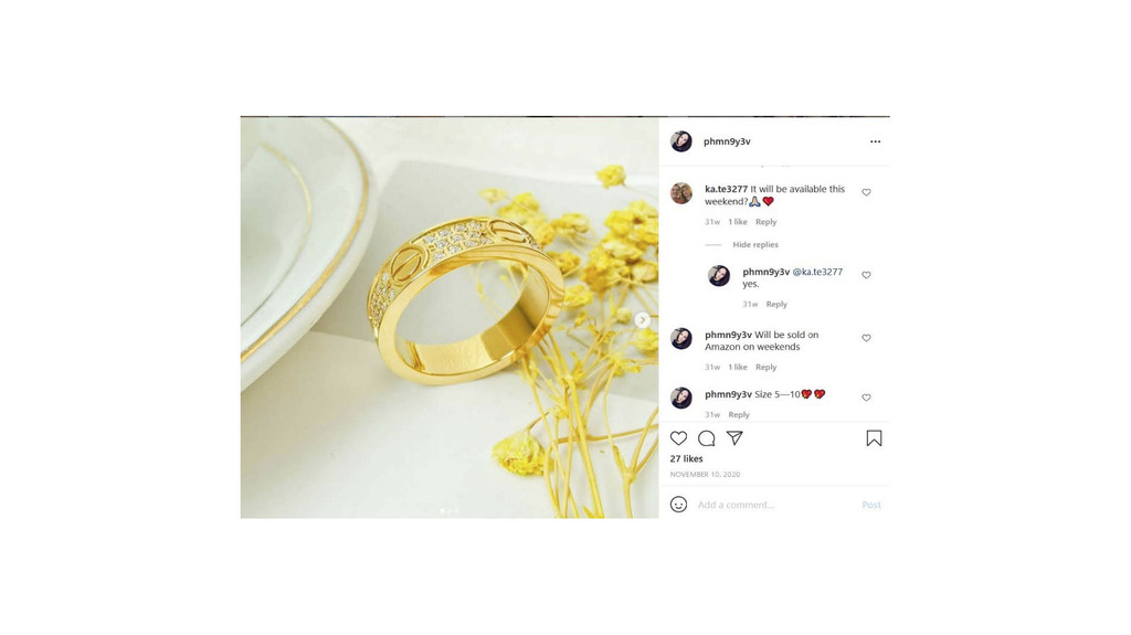 Another posting from @phmn9y3v, this one showing a counterfeit Cartier “Love” ring. Though Amazon described @phmn9y3v as a social media “influencer,” an undated screenshot of the account included in court documents shows only 1,229 followers.