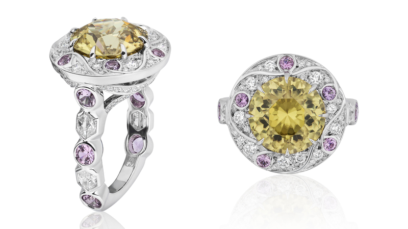Best Use of Platinum Crown. Lindsay Jane Chatham platinum “Love You Forever, Love You for Always” ring featuring a 7.47-carat round yellow zircon accented with diamonds (1.04 total carats) and lavender sapphires (0.90 total carats)