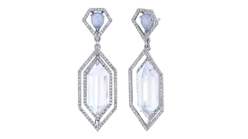 “Hexagon” earrings with moonstone, chalcedony, and diamond in 18-karat white gold ($8,800)