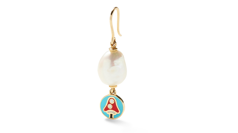 A 14-karat gold, pearl, diamond, and enamel “Magic Shroom” earring ($1,150)