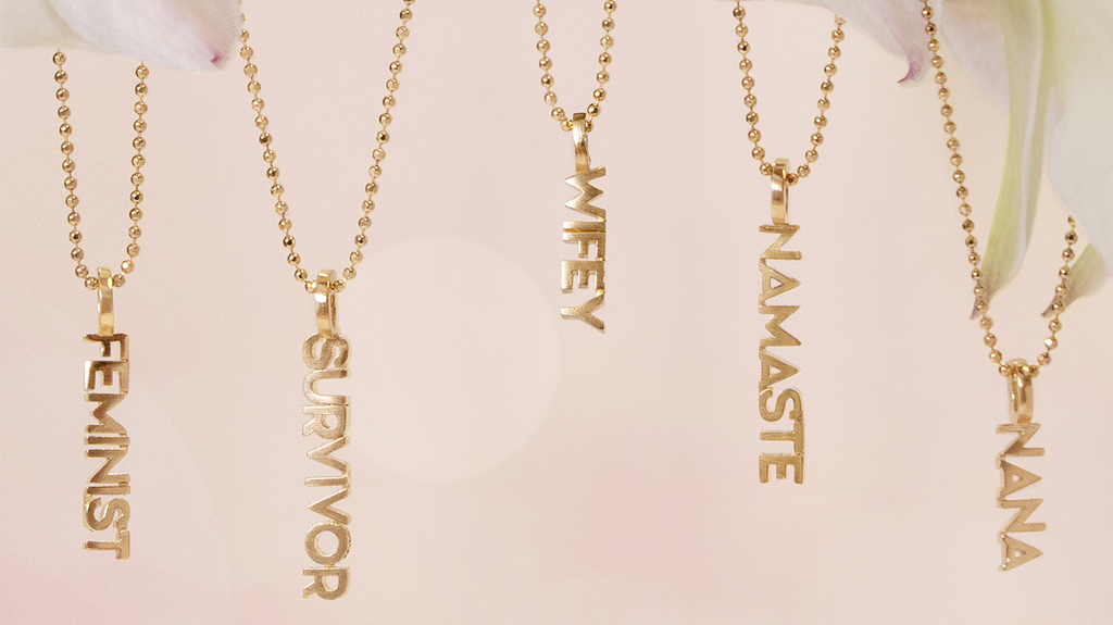 Styles from Alex Woo’s empowering “Mini X Words” collection, launched in March 2020 in honor of Women’s History Month and International Women’s Day Styles from Alex Woo’s empowering “Mini X Words” collection, launched in March 2020 in honor of Women’s History Month and International Women’s Day