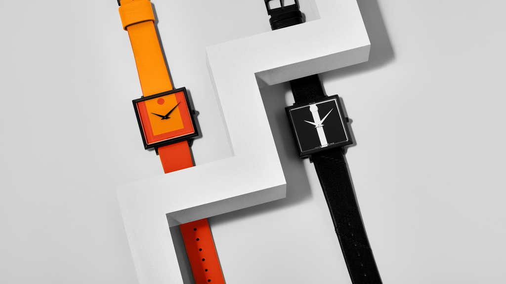 Two of the five limited edition timepieces from the Carmen Herrera collection. These 36 mm square-dial versions cost $1,000.