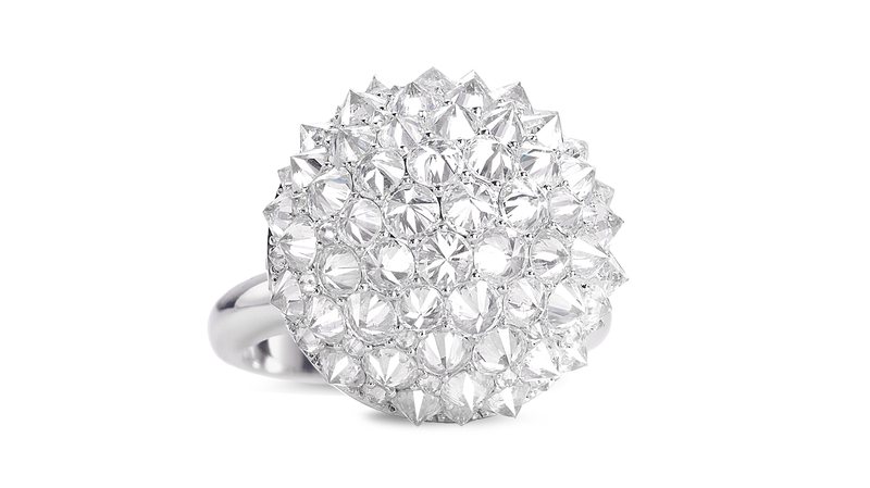 <a href="http://www.namcho.com/"_blank"> Nam Cho</a> 18-karat white gold Ice Diamond Ball Ring ($17,000)