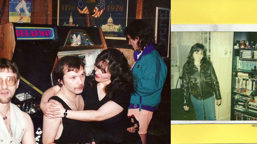 At left is a photo of my parents at one of my dad’s performances in the 1990s. At right is my mom in a cool leather jacket.